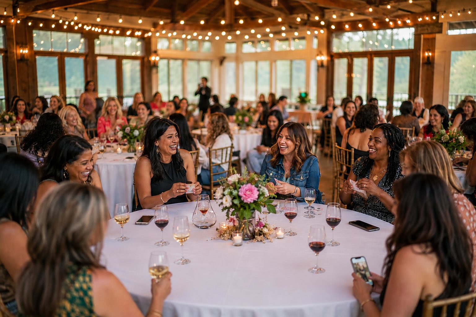 Bridal parties laughing and competing at round tables during an upscale game night at a winery venue